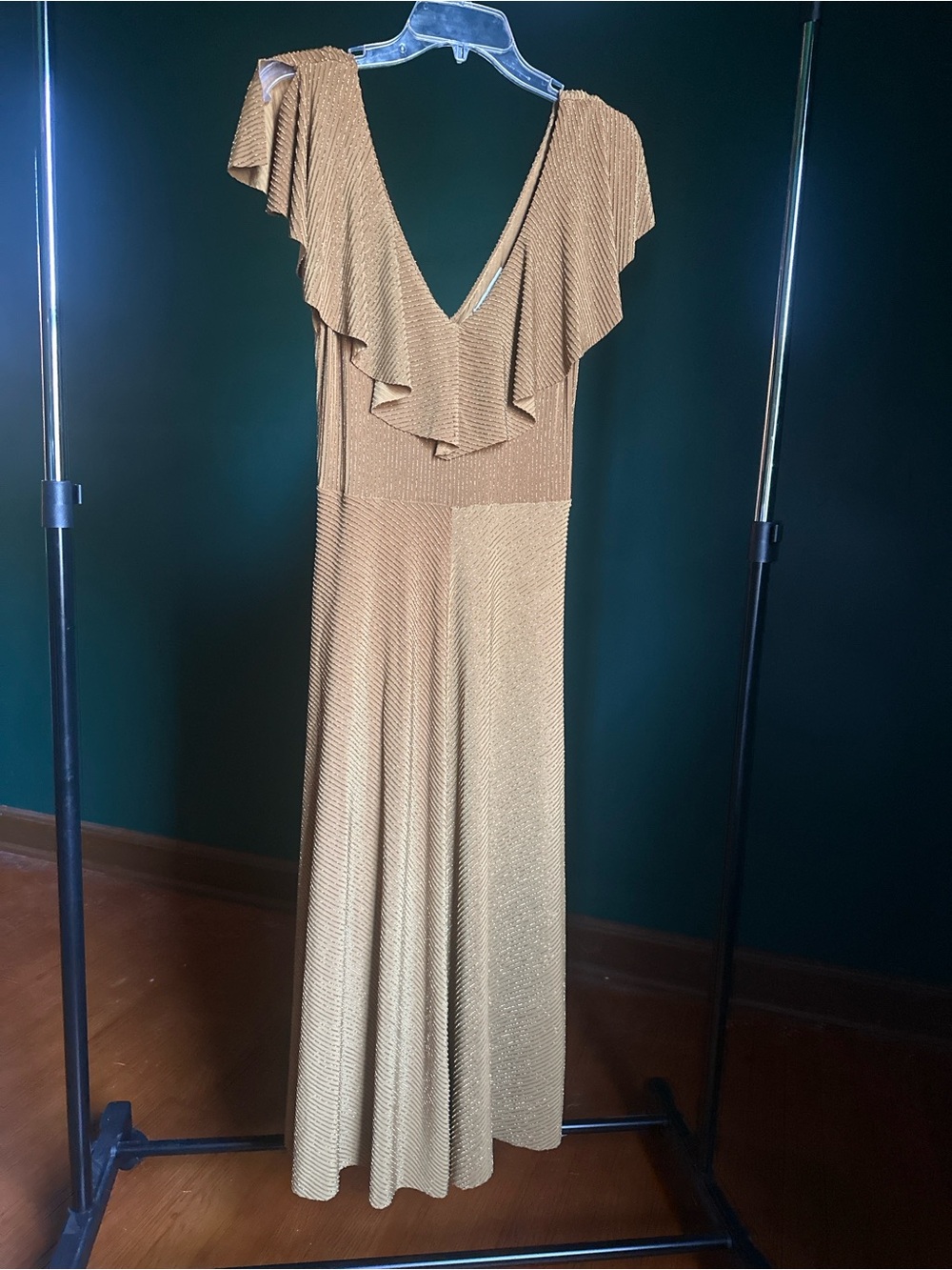 june & hudson Gold Ruffle V-Neck Maxi Dress